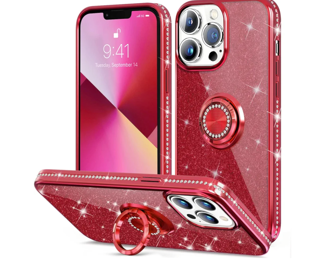 Thomo Compatible with iPhone 13 Pro Case,[Bling Kickstand] Cute Glitter Slim Bumper Diamond Cover Ring Holder Full-Body Protective Phone Case for iPhone 13 Pro Women Girls-WineRed Pack of 2