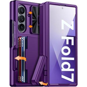 Vizvera for Samsung Galaxy Z Fold 7 Case RFID Wallet with Cards Holder[Kickstand][Camera Cover] Shockproof Silicone Protective Phone Case for Z Fold 7 2025-Purple
