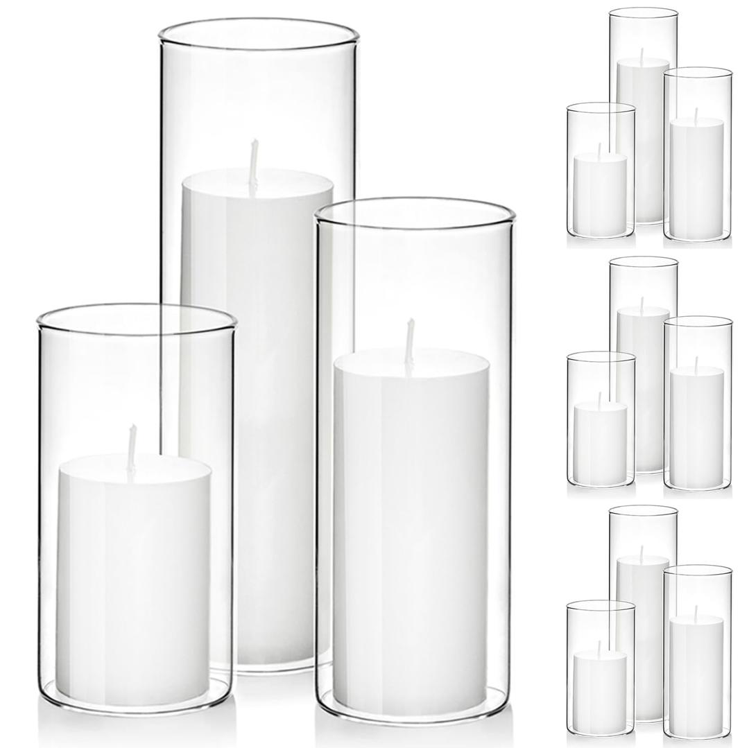 Set of 12 White Pillar Candles with Clear Glass Hurricane Holders- Elegant Cylinder Candle Vases for Weddings, Parties, Centerpieces, Home & Office Decor (White, 12 Set)