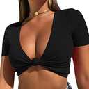 Mizoci Women's Sexy Knot Front Crop Top Deep V Neck Short Sleeve Basic Casual T Shirt XS