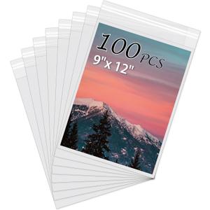 Acid-Free Picture Sleeves, 100Pack Crystal Clear Storage Bags for 9x12 Art Prints, Pictures, Photos, Frame Mats (Bag Size: 9 1/4" x 12 3/8")