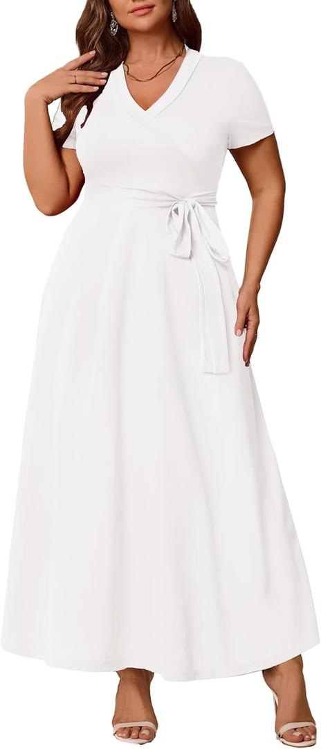 Runwind Women’s Plus Size Maxi Dress Short Sleeve Casual Summer Long Dress Solid V-Neck Dresses (White, XL)