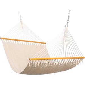 SANIWERKE Double Caribbean Hammock 79" x 55" Woven Bed, 12 FT Long with Solid Spreader Bars, Hand Tightly Woven Rope Net, All Weather Outdoor Hammock for 2 Persons, 450 LBS Capacity, Warm Oatmeal