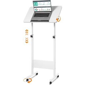 Mobile Podium, Adjustable Standing Desk with Caster Wheels, Adjustable Height 360 Swivel Desktop, Versatile Podium Laptop Desk Stand Up Desk Easel Presentation Lectern (White)
