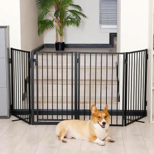 Metal Freestanding Dog Gates with Door for Outdoor Indoor,80'' Extra Wide 32'' Tall Free Standing Dog Gate for Doorways,Large Openings,Deck,Yard,Foldable Safety Pet Fence(Black,4 Panels)