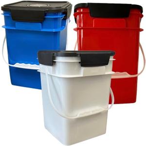 House Naturals 4 Gallon Square Food grade Bucket pail with plastic handles and Lid (Pack of 3) Made in USA containers (Blue/Red/White) (Blue/Red/White)