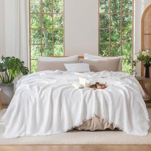 MooMee Muslin Blanket - 100% Cotton 4-Layer Gauze Throw Blanket with All-Around Fringe, Soft Breathable Lightweight Cooling Summer Blankets for Bed Couch (Bright White,Queen 90" x 90")