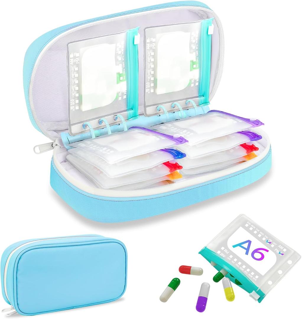 Weekly Pill Organizer 2 Times a Day - Timueetech A6 Waterproof 14 Pill Pouch Bags for Travel, BPA-Free Medicine Storage with Labels & Self-Sealing Design for Vitamins and Supplements, Blue