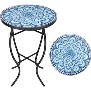 VCUTEKA Mosaic Outdoor Side Table, 14" Round Small Patio Accent Table Indoor End Table for Yard, Garden, Living Room, Bistro Balcony or Lawn Blue
