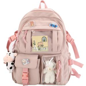 Kawaii Backpack with Cute Accessories Pin Pendant Travel Laptop Bag Large Outdoor Waterproof Casual Daypack Women (Pink)