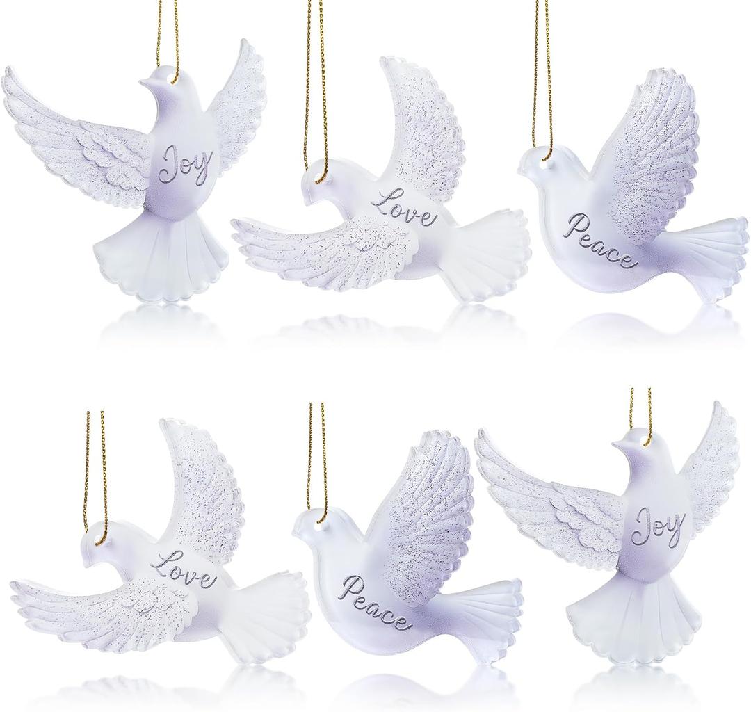 Blosssound 6 Pcs Dove Christmas Ornaments 3 Inch Hanging Dove Ornaments for Tree Xmas Bulk White Birds Peace Love Friendship Hanging Decorations Christmas Acrylic Decor for Wedding Wreath Crafts
