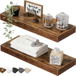 QEEIG Bathroom Floating Shelves for Wall - 15.7" Wall Mounted Shelf Over Toilet Farmhouse Home Decor Display Bookshelf Small 15.7 x 6.7 inch Set of 2, Rustic Brown