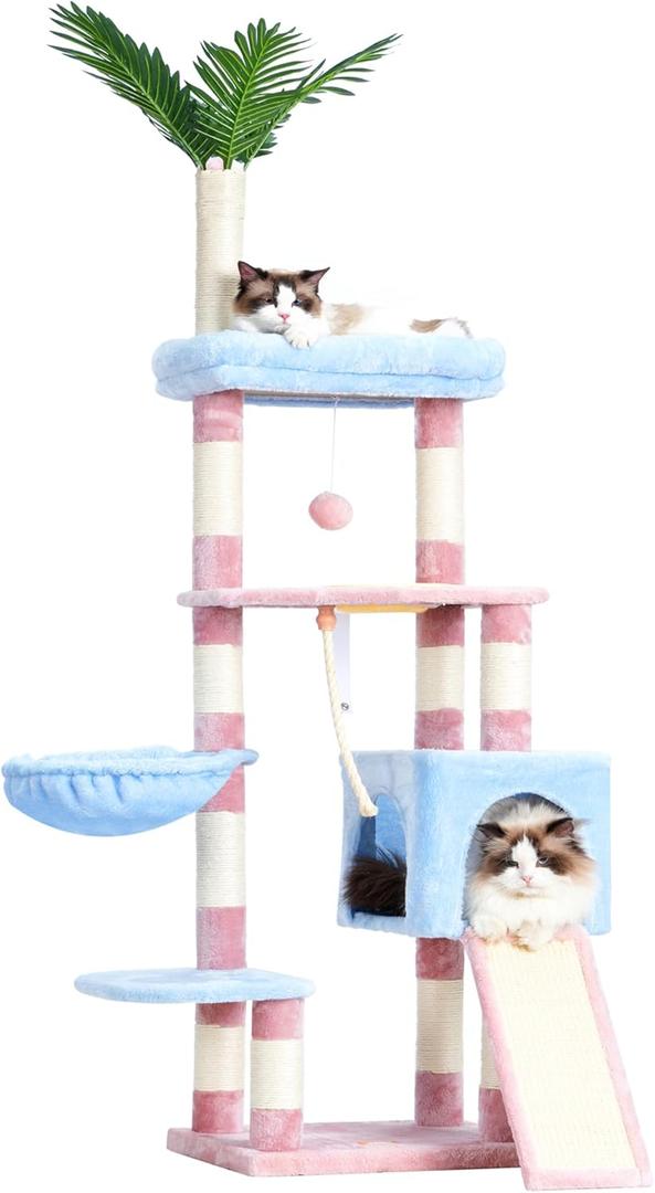 Heybly Cat Tree,Cat Tower for Indoor Cats, 65.4 inches Cat Condo with Perches, Basket, Feeding Bowl Station, Multi-Level Plush Furniture with Scratching Posts, Blue and Pink HCT015BP