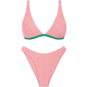 ZAFUL Textured Bikini Sets for Women Plunging Neck Cheeky Bathing Suit High Waisted Swimsuits 2 Piece Swimwear 2025 (Medium, Pink & Green)