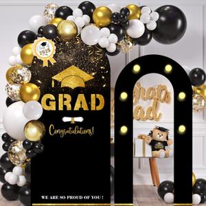 2025 Grad Arch Backdrop Stand Cover,5.6Ft,5.2Ft Black Gold Round Top Photo Booth Backdrop Stand Covers with Light for Graduation Party Background (Indoor)