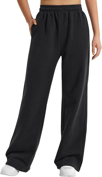 YEOREO Women's Wide Leg Sweatpants Drawstring Baggy Sweatpants Penny Fleece Lined Lounge Pants with Pockets Black, Size M