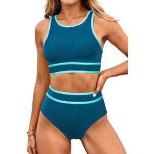 Yonique Women Sport Bikini Set for Teen Juniors Two Piece Swimsuit High Waisted Bathing Suit (Medium, Teal Colorblock)