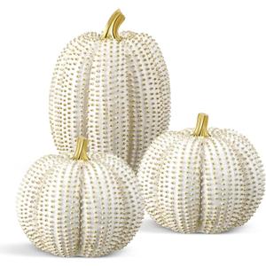 3 Pcs Thanksgiving Resin Pumpkin Figurine - Golden and White Statue Fall Table Centerpiece for Autumn Harvest Farmhouse Home Fireplace Decor, 2 Sizes