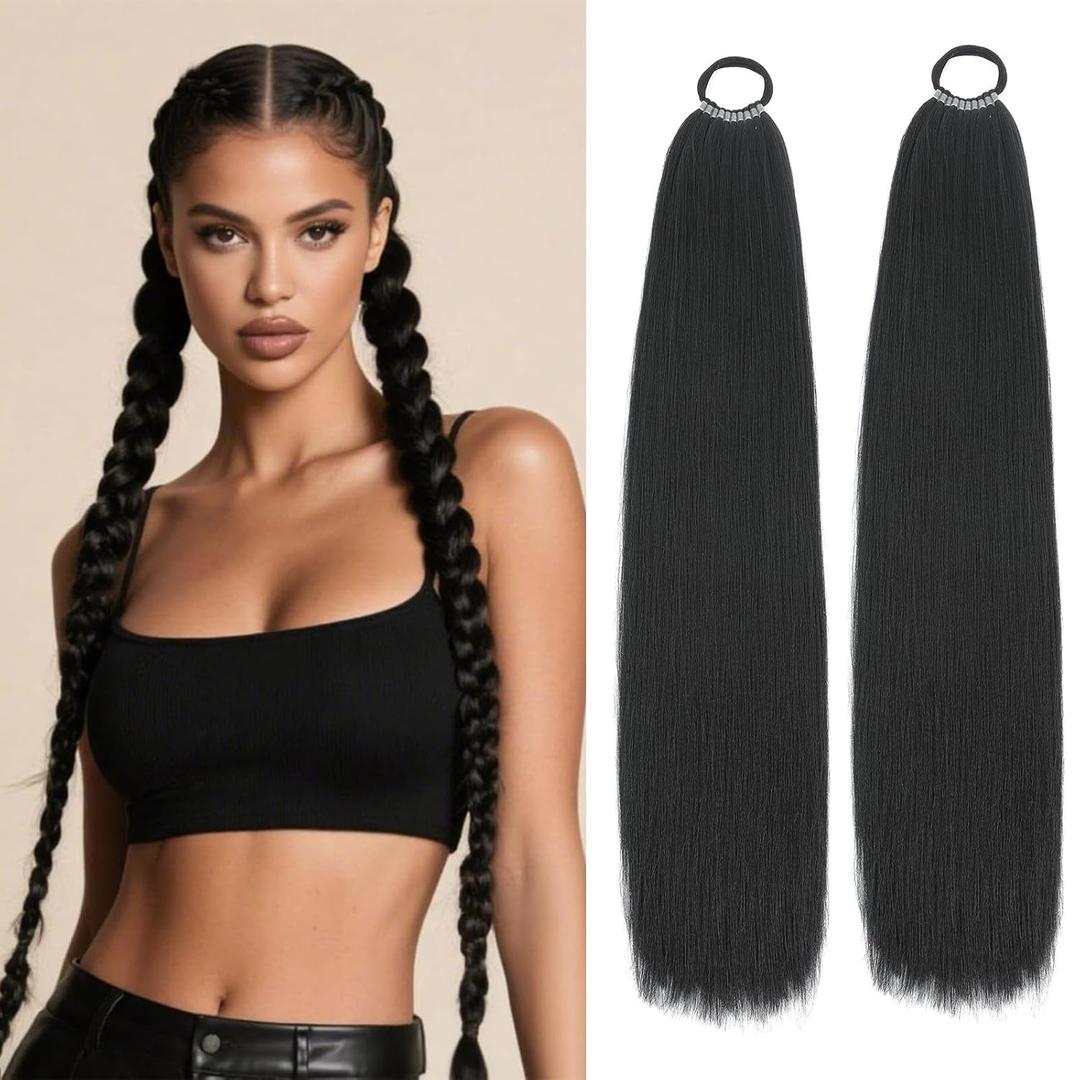 2 Packs Long Braided Ponytail Extensions with Hair Ties Natural Soft Synthetic Hair Piece for Black Women Straight Wrap Around Hair Extensions Ponytail (Black, 24 Inch (Pack of 2))