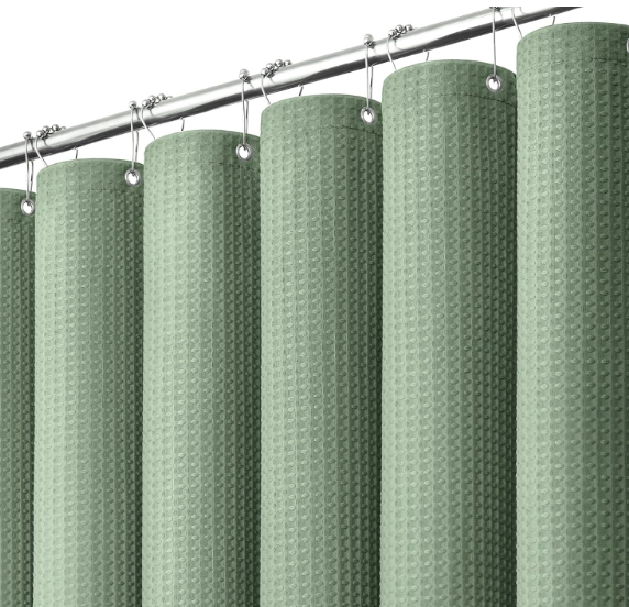 Dynamene Sage Green Shower Curtain - Waffle Textured Heavy Duty Thick Fabric Shower Curtains for Bathroom, 256GSM Luxury Weighted Polyester Cloth Bath Curtain Set with 12 Plastic Hooks，72Wx72H,Green