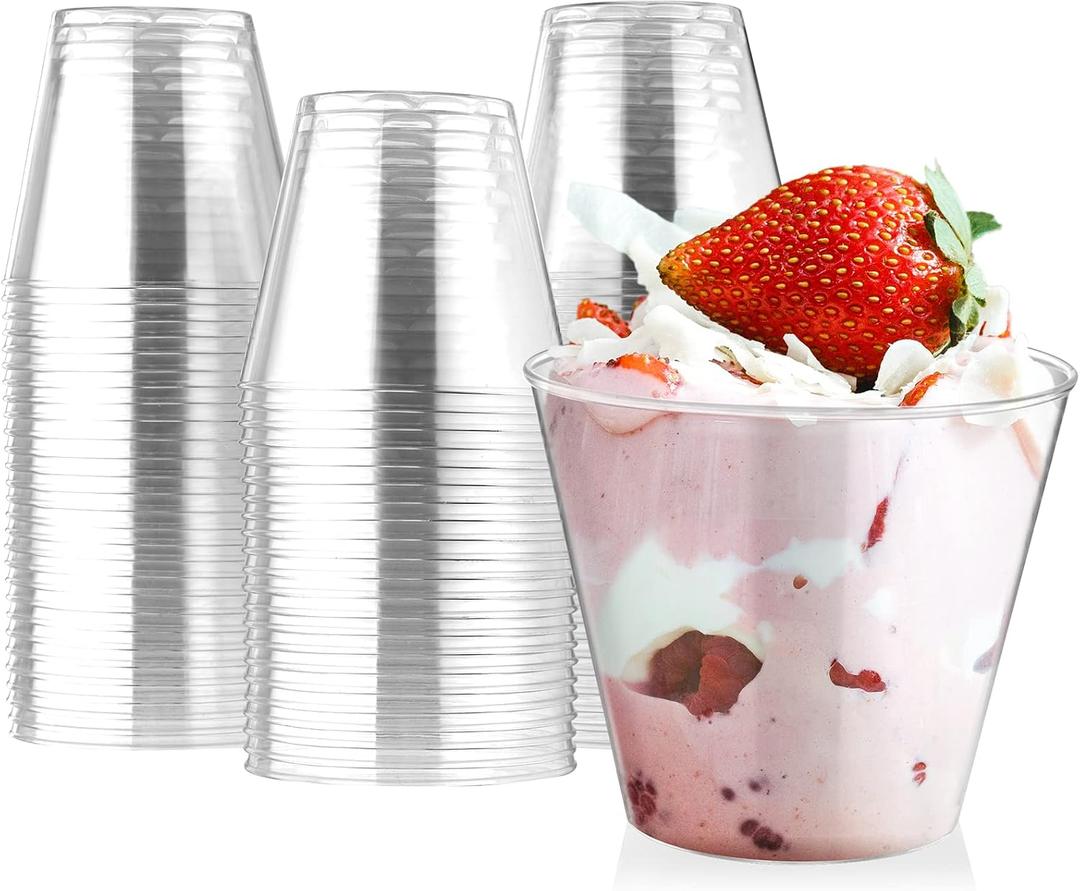 Eupako 5 oz Clear Plastic Dessert Cups 100 Pack Small Clear Plastic Tumbler Cups Great for Desserts, Appetizers, Puddings, Mousse (EXP 12/25/36)
