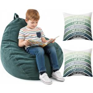 Stuffed Animal Storage Bean Bag Chair Cover (No Filler) Cozy Corner for Kids Classroom with Rainbow Throw Pillow Covers, Bean Bag Chair for Reading Nook, Classroom, Nursery(Small,Rainbow,Green)
