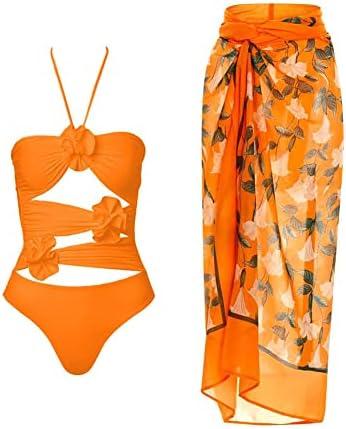 IBAKOM Three Pieces Swimsuits for Women with Matching Wrap Skirt Swim Top Tummy Control Bikin Bottom Mesh Sheer Cover Ups Size S