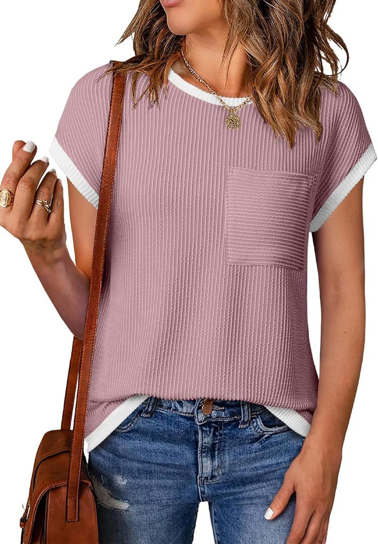 EVALESS Women's Short Sleeve T Shirts Crewneck Color Block Ribbed Knit Tee Blouses 2025 Trendy Summer Tops Size Small
