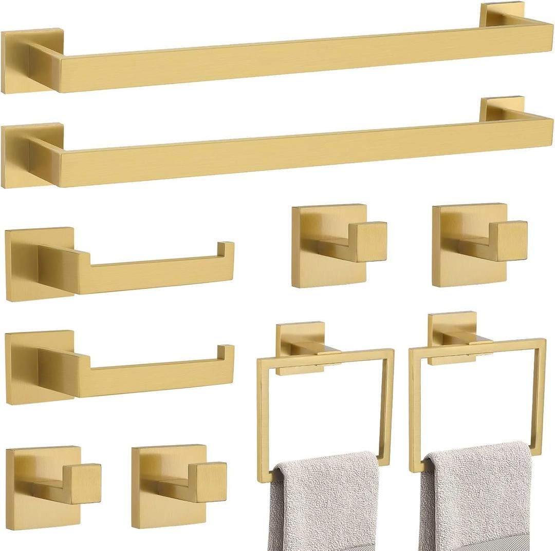 10-Piece Bathroom Hardware Accessories Set-Brushed Gold Towel Bar, Holder & Racks-SUS304 Stainless Steel-Wall Mounted,23.6-Inch