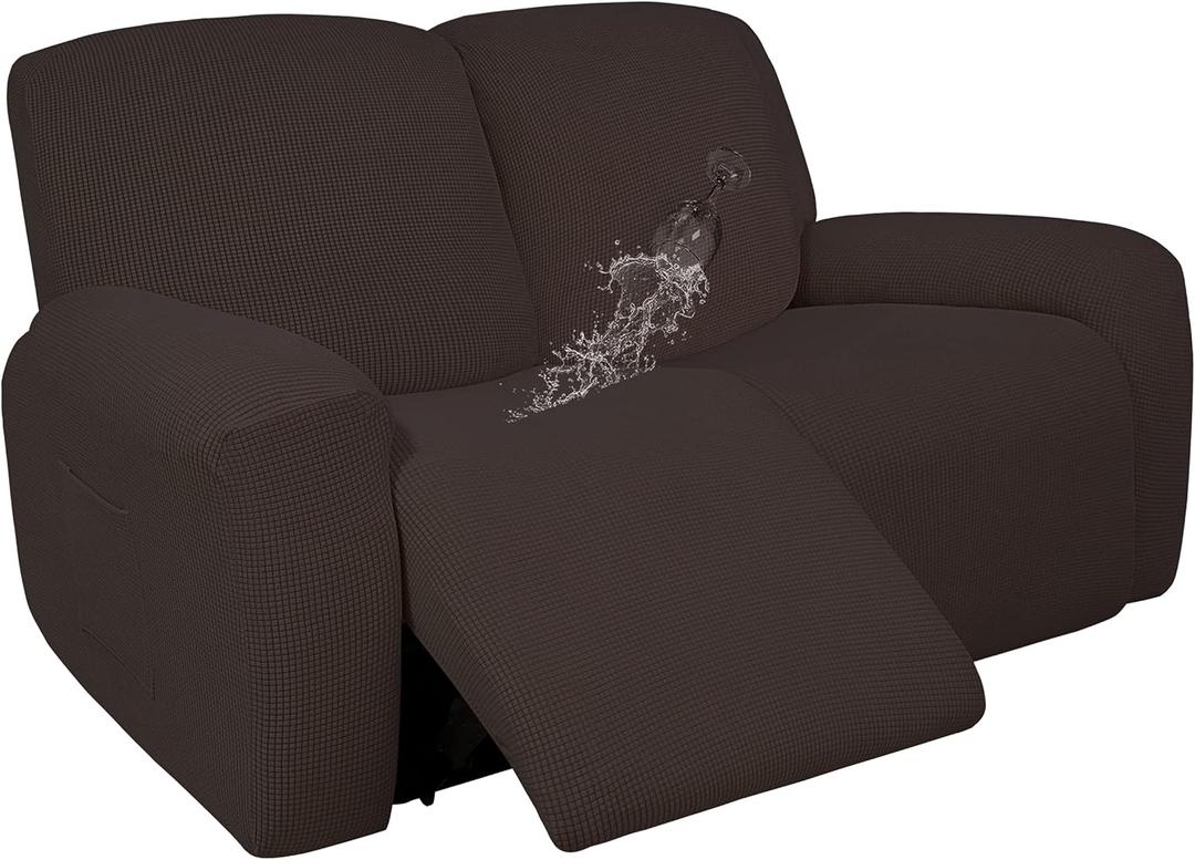 Easy-Going 100% Dual Waterproof Recliner Loveseat Cover, 6-Pieces Stretch Relining Sofa Cover with Pocket, Jacquard 2 Seat Sofa Slipcover Leakproof Washable (Loveseat, Chocolate)