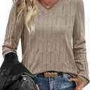 OFEEFAN Womens Sweaters Long Sleeve Shirts Fall Outfits 2026 V Neck Soft Knit Pullover Trendy Tops Dressy Casual Blouses, Size L, Beige