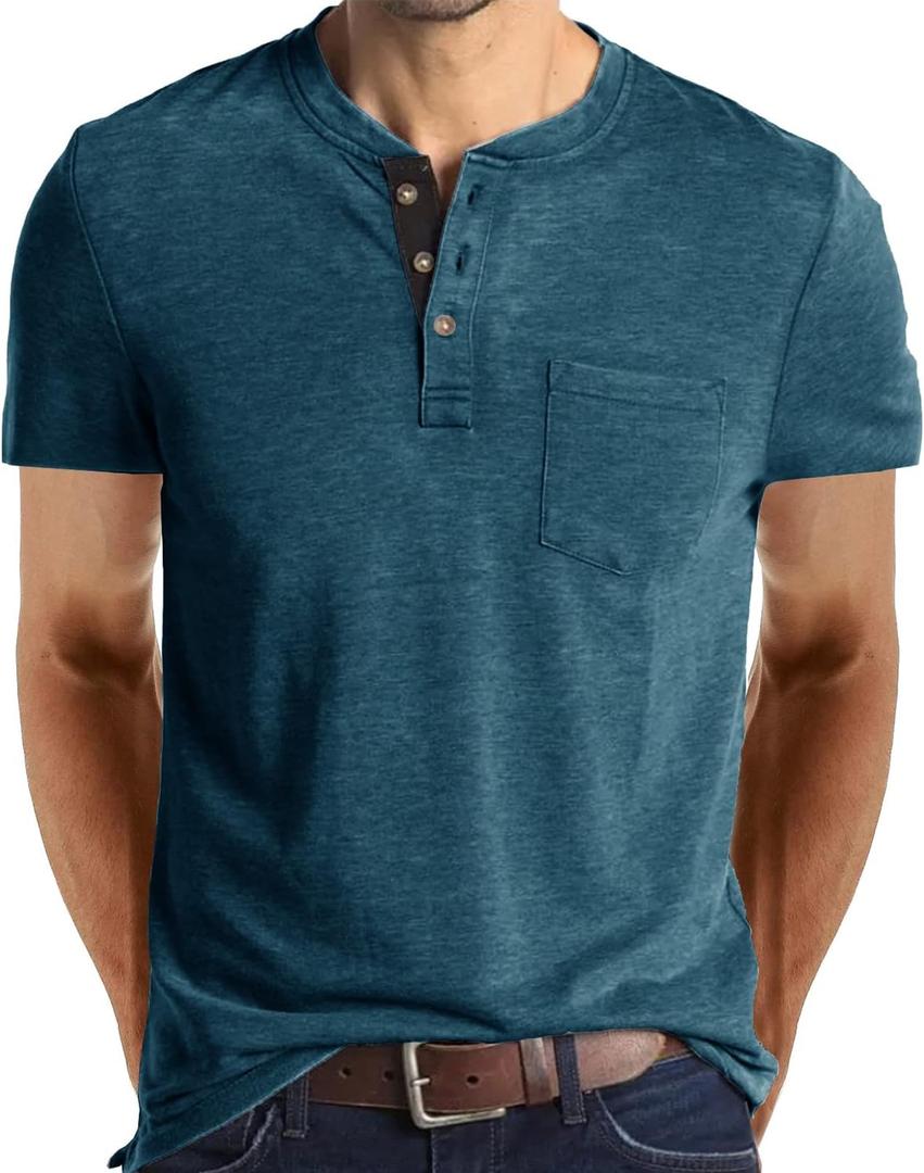 Angbater Men's Henley Shirts Casual Short Sleeve Button Cotton Tee Fashion Classic Tee T-Shirt with Pocket (XX-Large, Blue-1)