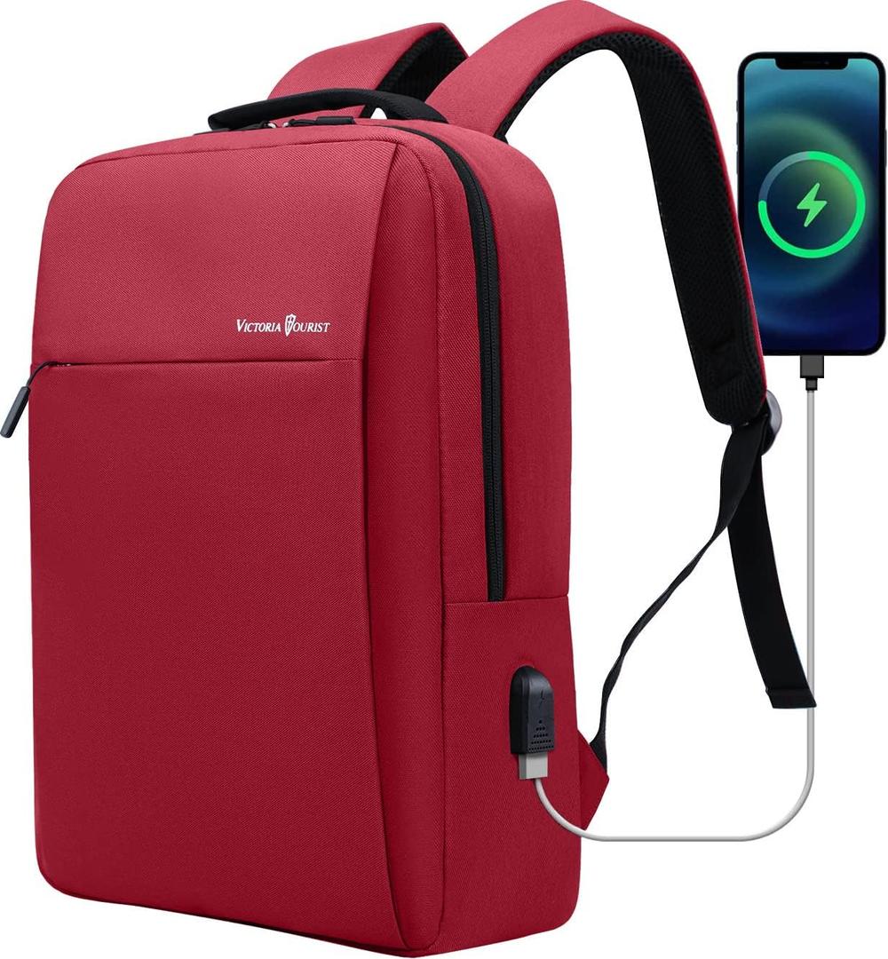 Victoriatourist Laptop Backpack for Women, Backpack College Bookbag with USB Charging Port, Water Resistant Daypack Cute Book Bag for Ladies Fit 15.6 Inch ComputerRed