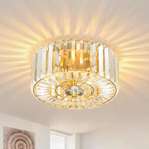Gold Crystal Ceiling Light, 11.8" Semi Flush Mount Ceiling Light, 2-Lights Hallway Lighting Fixtures Crystal Chandelier Gold Bedroom Chandelier for Entryway Bathroom Foyer, E26 Socket