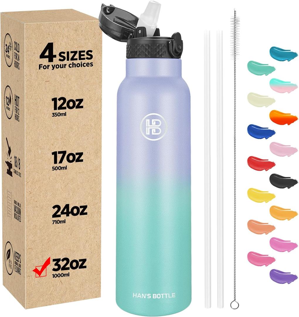 Han's Bottle Sports Water Bottle - 32 Oz, Straw Lid, Leak Proof, Vacuum Insulated Stainless Steel, Double Walled, Thermo Mug,Lilac green
