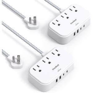 2 Pack Cruise Essentials, 5 Ft Flat Extension Cord, 3 Outlets 4 USB Ports(2 USB C) Flat Plug Power Strip, USB Charging Station with Non Surge Protector for Cruise Ship, Travel, Dorm Room Essentials (White)