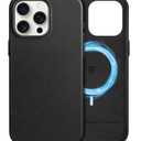 SHIELDON Case for iPhone 15 Pro Max 6.7", Genuine Leather Magnetic Wireless Charging Slim Fit Non-Slip Anti-Scratch Shock-Absorbent Case with Metal Buttons Compatible with iPhone 15 Pro Max 5G - Black
