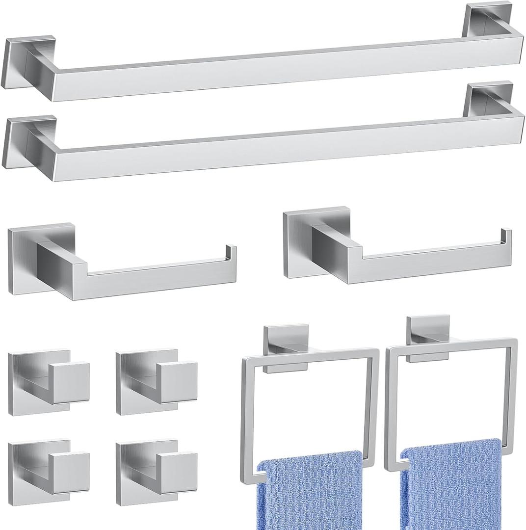 Brushed Nickel Bathroom Hardware Accessories Set 10-Piece Brushed Towel Bar Set Bath Towel Holder Set Stainless Steel Wall Mounted Towel Rack Set, 23.6 in