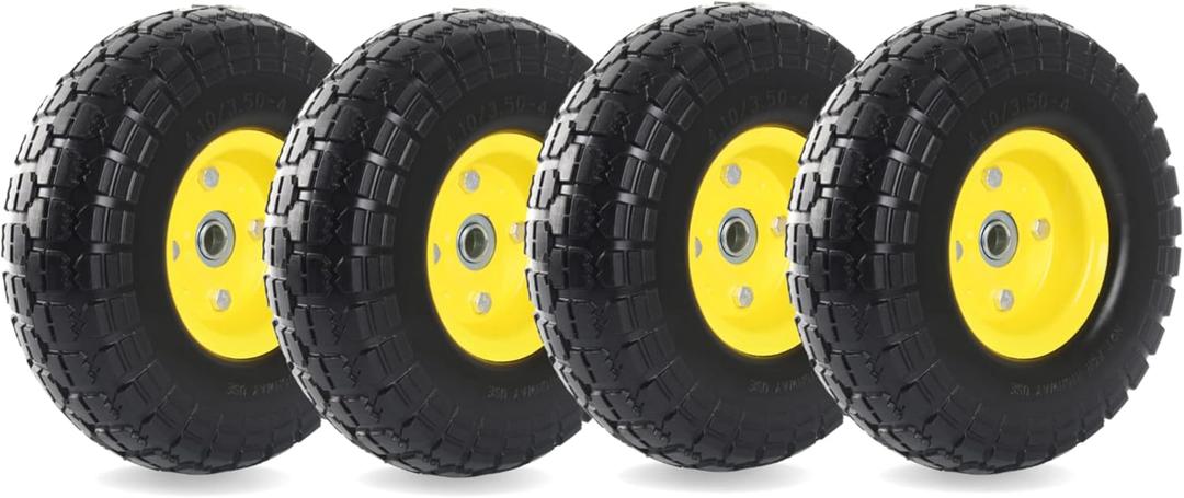 AR-PRO (4-Pack) 4.10/3.50-4" Flat Free Tire and Wheel - 10 Inch Solid Rubber Tires with 5/8" Bearings, 2.2" Offset Hub - Compatible with Garden Wagon Carts,Hand Truck,Wheelbarrow,Dolly,Utility Cart (Yellow)
