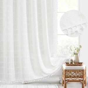 Gibelle White Boho Farmhouse Shower Curtain with Tassels, Rustic Cottagecore Aesthetic Bohemian Chic Modern Bathroom Decor Thick Waffle Textured Fabric Shower Curtain Set with Hooks, 72x72