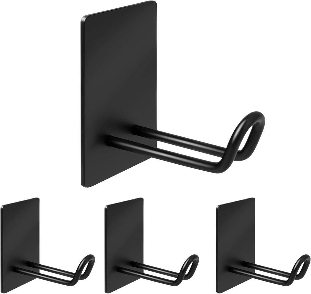 Quavzotu Self Adhesive Hooks Heavy Duty, Large Stainless Steel Towel Hooks, No Drill Sticky Hooks, Long Stick on Shower Wall Hooks for Hanging Hat Coat Key Headphone (Black(4Pcs)