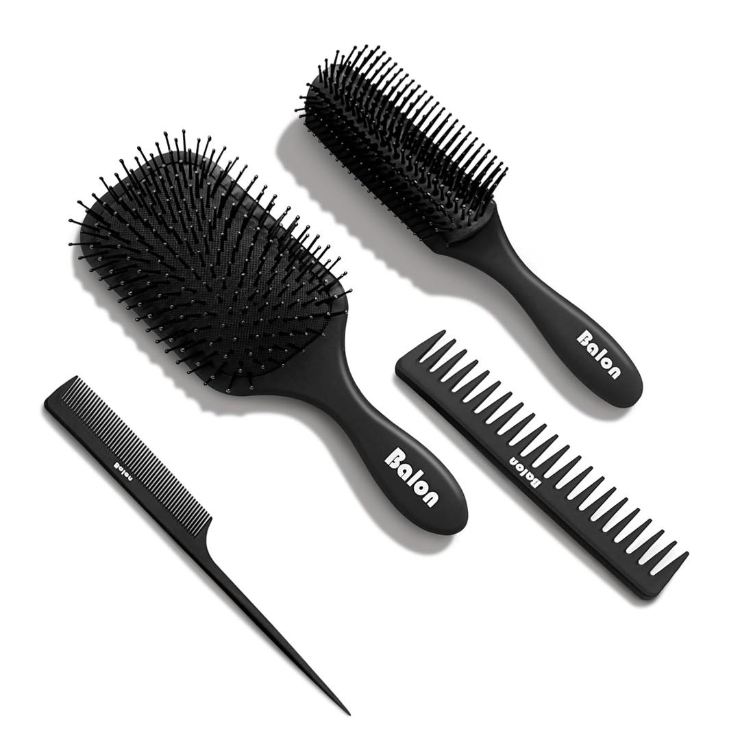 Balon Hair Brush for Women and Men, 4Pcs Paddle Brush Detangling Brush Hair Comb Set for Long Thick Thin Curly Hair, Hairbrush Great On Wet or Dry, No More Tangle (Black)