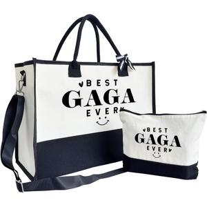 Gift for Best Gaga Ever - Canvas Beach Tote for Women With Inner Pocket & Make Up Bag - Birthday, Mother's Day, Novelty Present for Grandparents (Black)