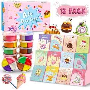 Air Dry Clay Kit with Greeting Cards, 12 Box Dessert Cake Modeling Clay, DIY Art and Craft Supplies for Kids Classroom Gift Exchange, Party Favors