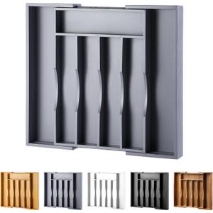 Expandable Bamboo Kitchen Drawer Organizer for Cutlery and Utensils, Adjustable Bamboo Wood Cutlery Tray in Drawer for Flatware and Silverware in Kitchen, (Grey) (7 Slots Expandable)