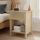 Rattan Nightstand, Farmhouse Side Table with Drawer and Storage Shelf, Boho Bedside Night Stand with Golden Handle, Wooden End Table for Bedroom, Dorm and Small Spaces, Natural 15"D x 19.7"W x 25.2"H