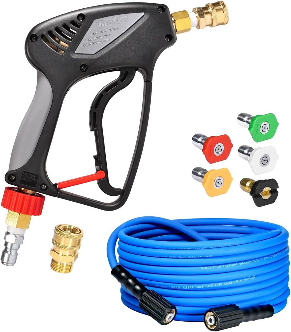 TOOLCY Pressure Washer Hose and Gun Kit, 30ft Kink Resistant Power Washer Hose and Gun with 5 Nozzle, 3/8" Swivel Quick Connector & M22-14mm Plug, Compatible with Simpson, Craftsman, Ryobi (30 Feet)