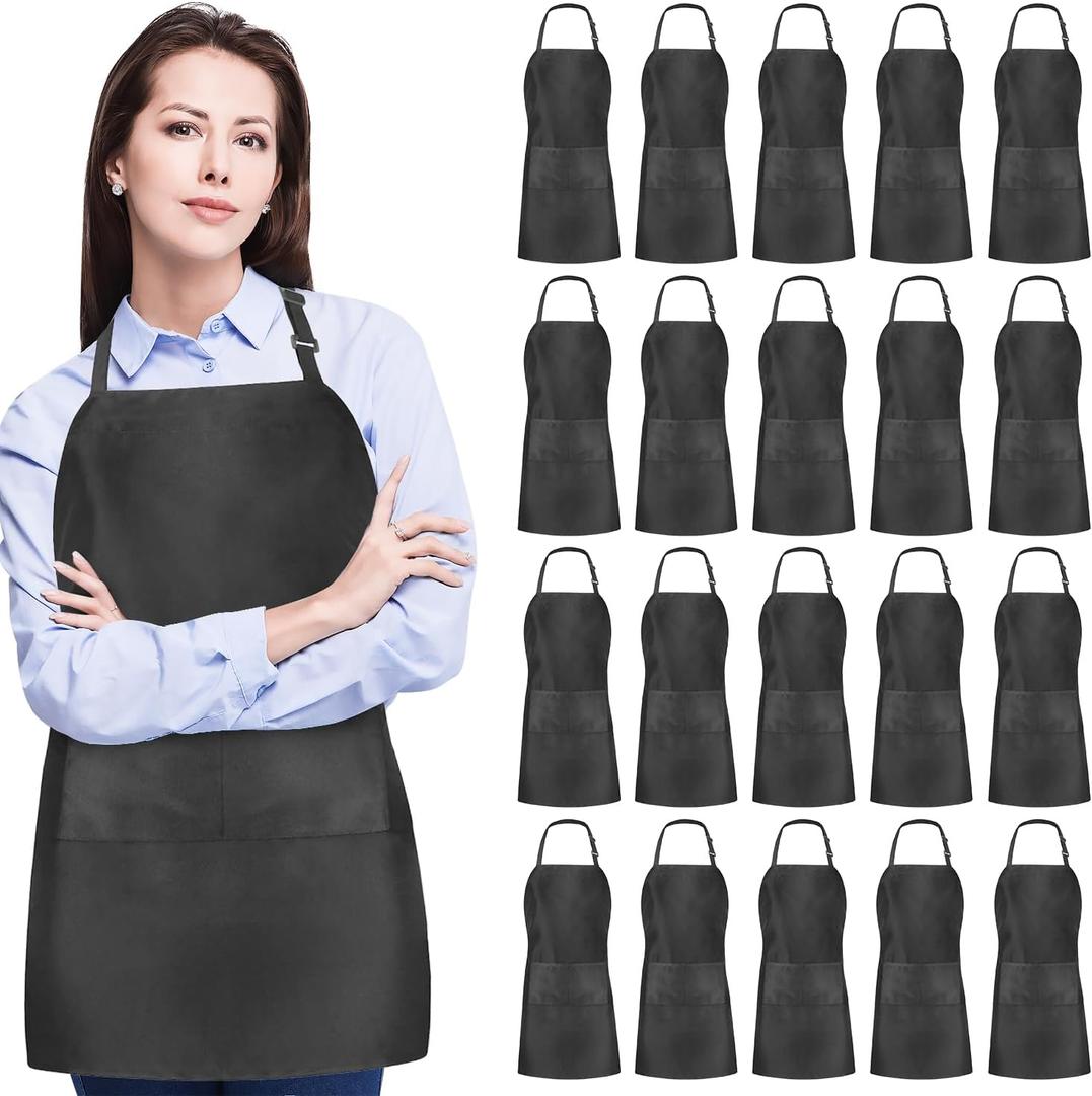 2/10/20 Pack Adjustable Black Aprons Bulk with 2 Pockets for Cooking Classes, BBQ, Art & Craft Parties