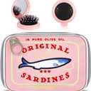 Reginary 2 Pcs Pink Canned Sardines Makeup Bag and Mini Hair Brush with Mirror Cute Cosmetic Bag Folding Hair Brush Kawaii Pencil Case Pouch Portable Travel Toiletry Bag Funny Waterproof for Women