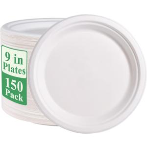 Vplus 150 Pack Paper Plates 9 inch 100% Compostable, Heavy-Duty Disposable Paper Plates Bagasse Natural Biodegradable Eco-Friendly SugarcaneWhite